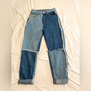 SHEIN HIGHWAISTED BLUE PATCH JEANS TRENDY INSIDE OUT INSEAM DETAIL